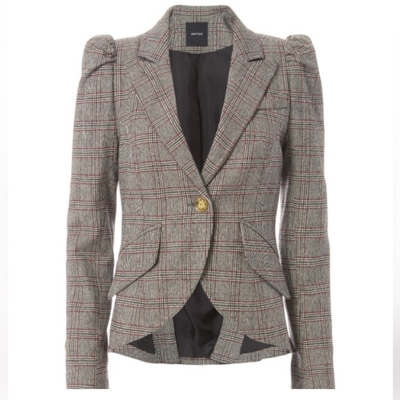 SMYTHE Glen Plaid Check Blazer Jacket Leather Elbow Size